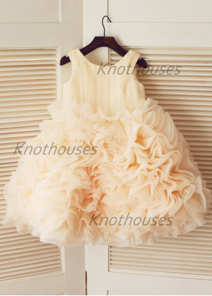 Champagne Pleated Organza Ruffled Knee Length Flower Girl Dress